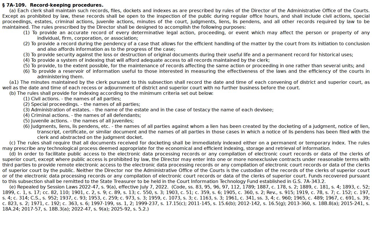 McDowell County docket search G.S. 7A-109 court record access source